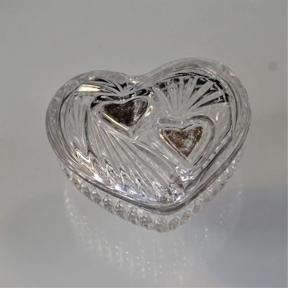 Vintage Trinket Dish Heart Shaped Starburst Crystal Cut Glass Jewelry Box